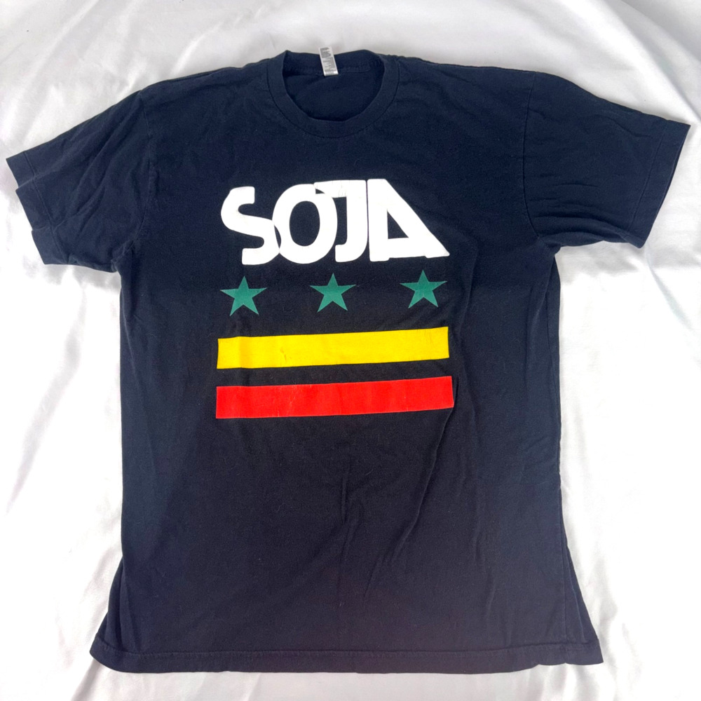 SOJA Stars and Stripes T-Shirt Mens L American Apparel 50/50 USA Lyric Back